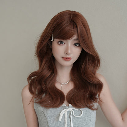 [C-0515] Sunset Orange Brown 53 cm Medium Wig with Side-Swept Bangs
