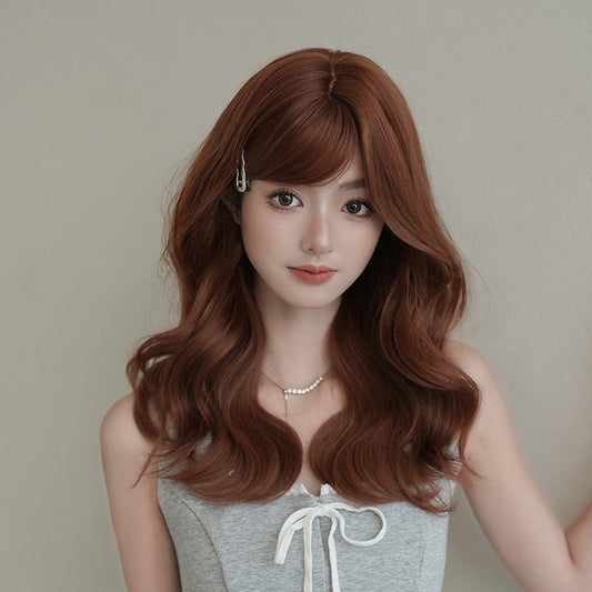 [C-0515] Sunset Orange Brown 53 cm Medium Wig with Side-Swept Bangs