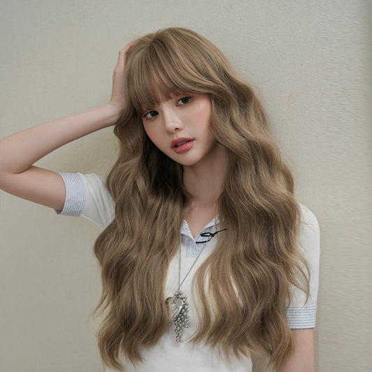 [C-0476] Milk Tea Brown 74 cm Long Curly Wig with Flexible Bangs