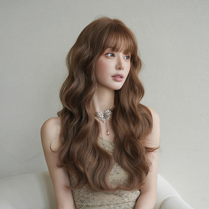 [C-0522] Flax Tea Brown 66 Cm Long curly wig with straight or side-swept bangs