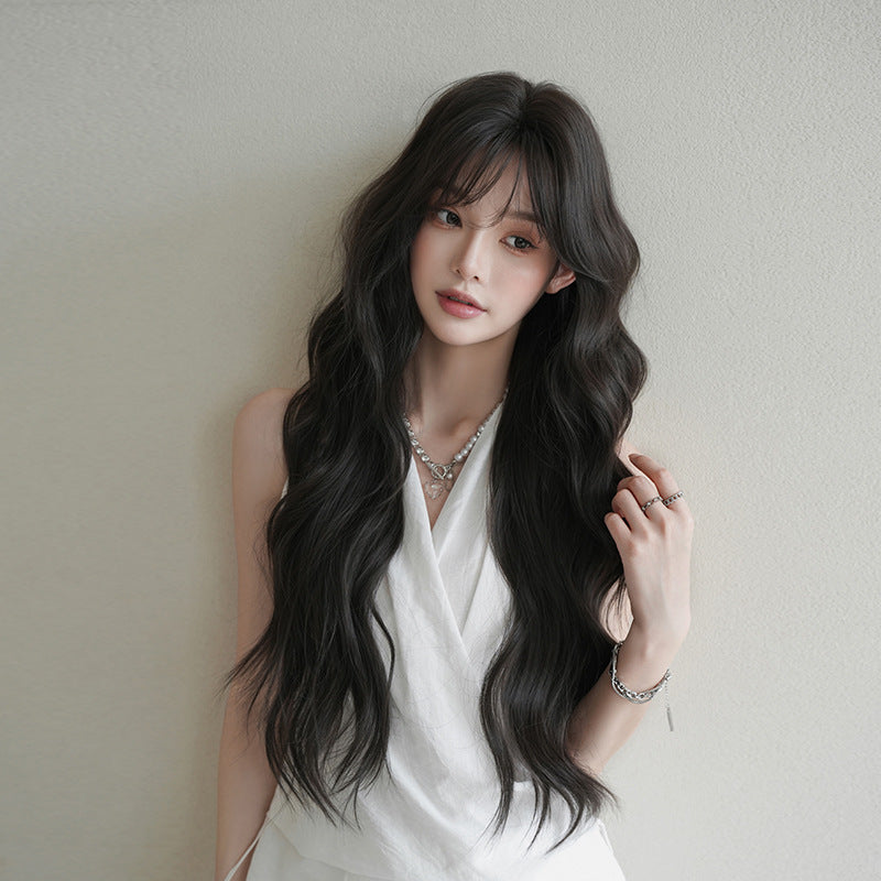[C-0520] Black Brown 77 Cm Long curly wig with straight or side-swept bangs