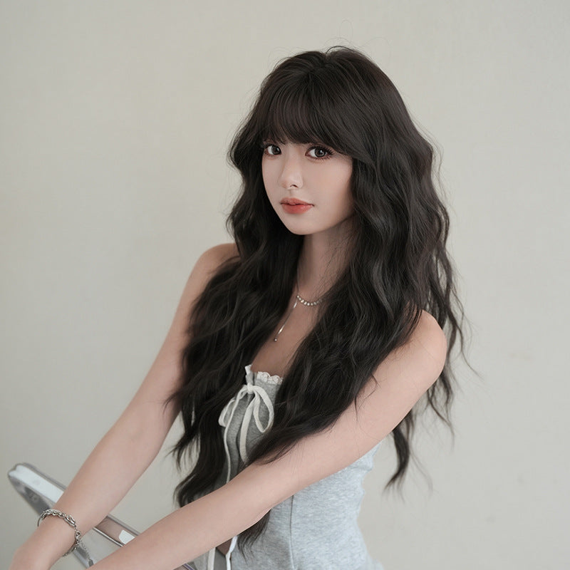 [C-0486-3] Black Brown 76 cm Long Curly Wig with Straight Bangs