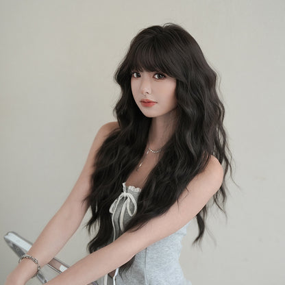 [C-0486-3] Black Brown 76 cm Long Curly Wig with Straight Bangs