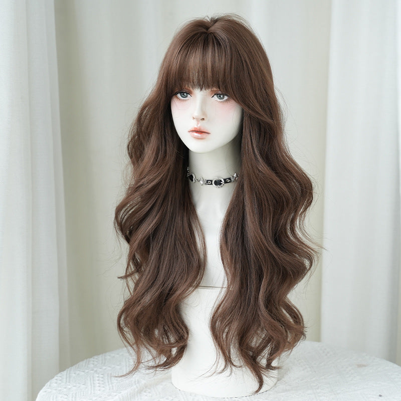 [C-0407] Vanilla Honey Brown 72 Cm Long curly wig with straight or side-swept bangs