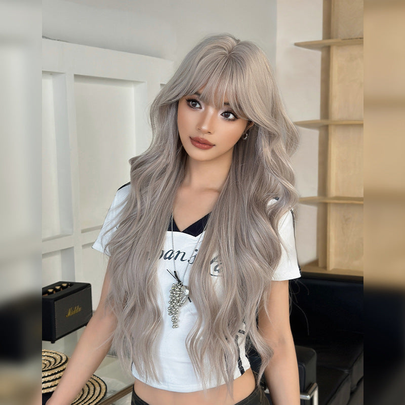 [C-0468] Milky Gray 80 cm Long Curly Wig with Flexible Bangs