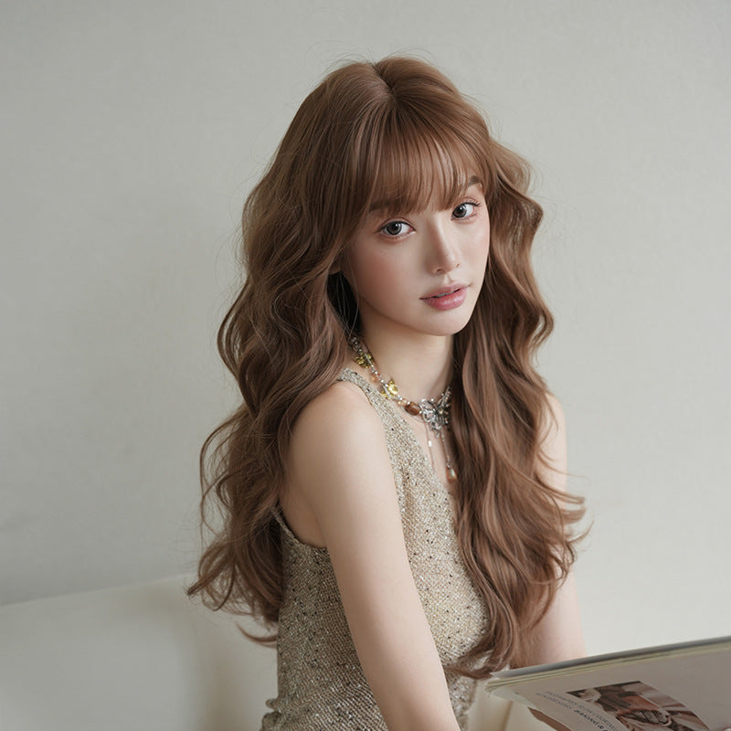 [C-0522] Flax Tea Brown 66 Cm Long curly wig with straight or side-swept bangs