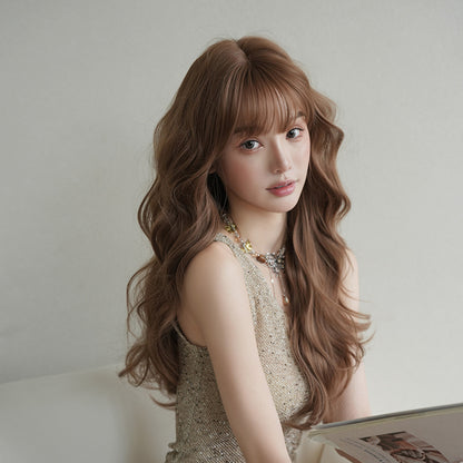 [C-0522] Flax Tea Brown 66 Cm Long curly wig with straight or side-swept bangs
