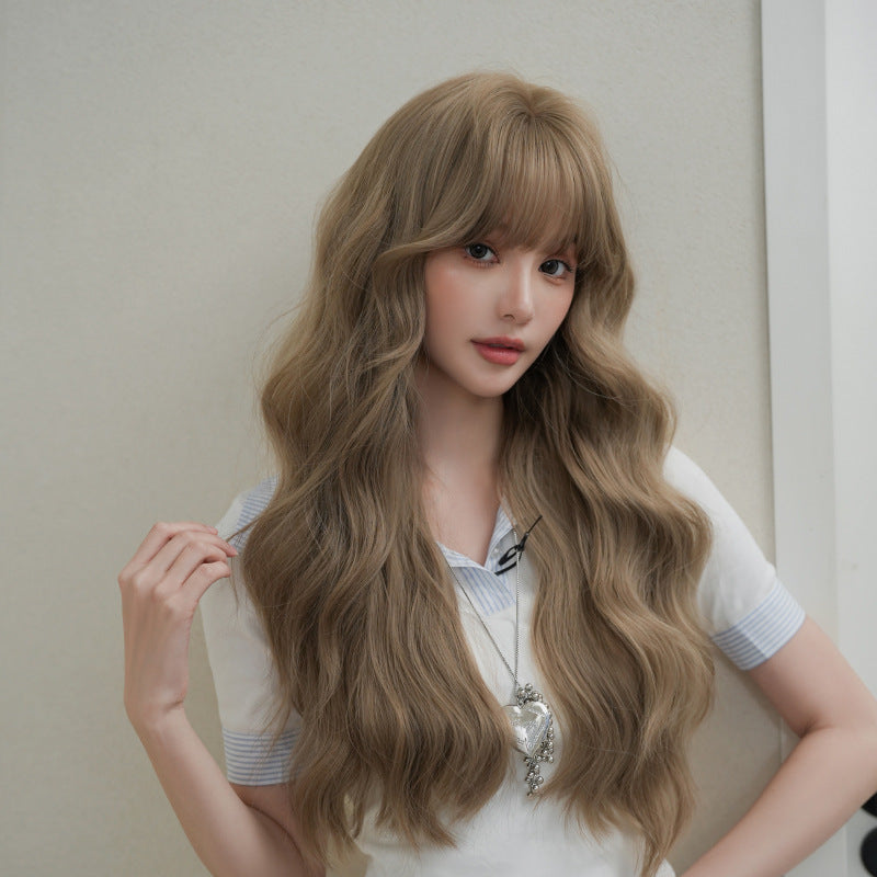 [C-0476] Milk Tea Brown 74 cm Long Curly Wig with Flexible Bangs