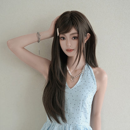 [C-0516] Cool Brown 72 cm Long Straight Wig with Flexible Bangs