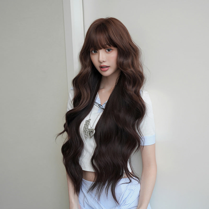 [C-0500-2] Reddish Brown and Black Mix 85 cm Long Curly Wig with Flexible Bangs