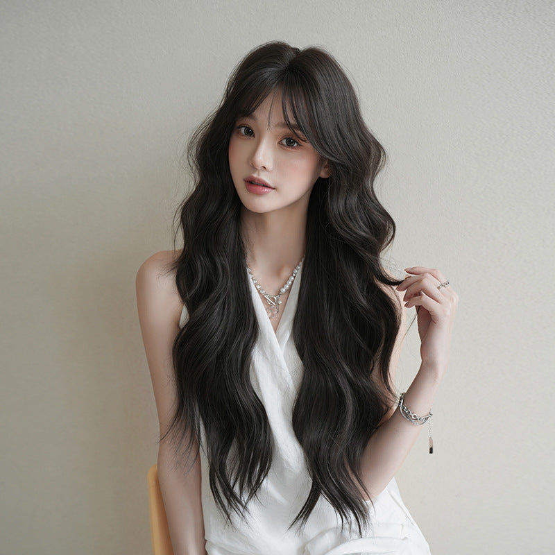 [C-0520] Black Brown 77 Cm Long curly wig with straight or side-swept bangs
