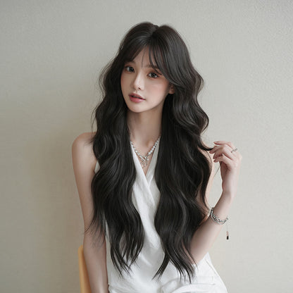 [C-0520] Black Brown 77 Cm Long curly wig with straight or side-swept bangs