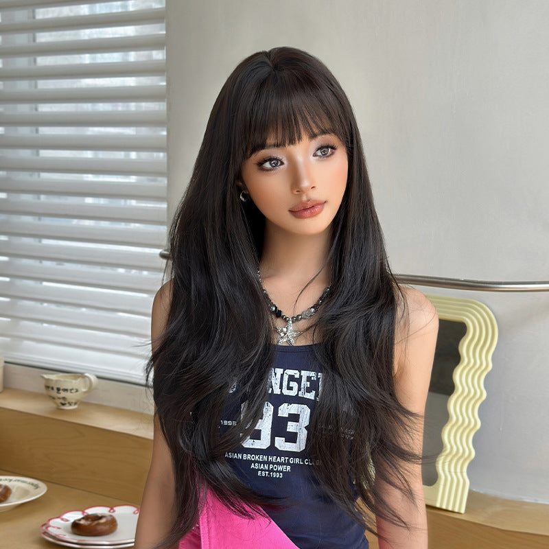 [C-0507] Cool Mist Black Chocolate 70 cm Long Curly Wig with Flexible Bangs