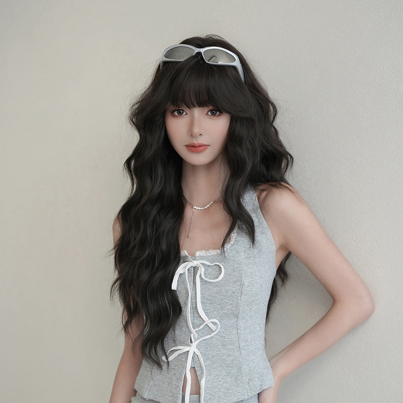 [C-0486-3] Black Brown 76 cm Long Curly Wig with Straight Bangs
