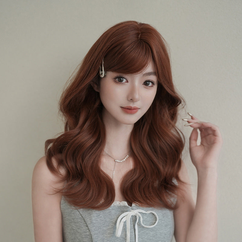 [C-0515] Sunset Orange Brown 53 cm Medium Wig with Side-Swept Bangs