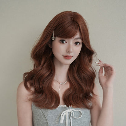 [C-0515] Sunset Orange Brown 53 cm Medium Wig with Side-Swept Bangs