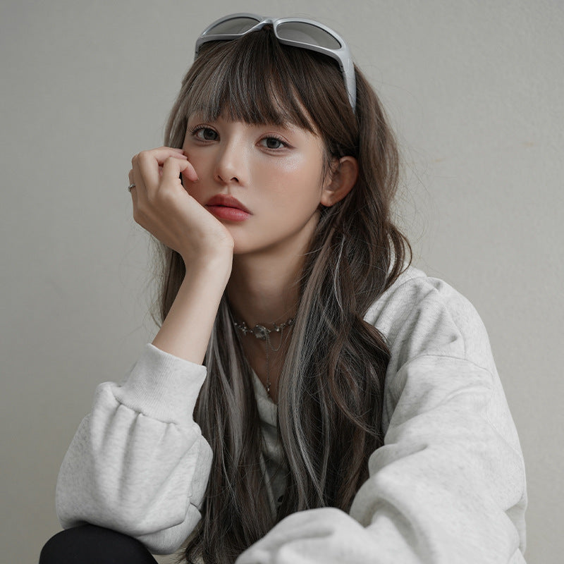 [C-0440] Coffee Brown with Milk Gray Highlights 70 cm Wig