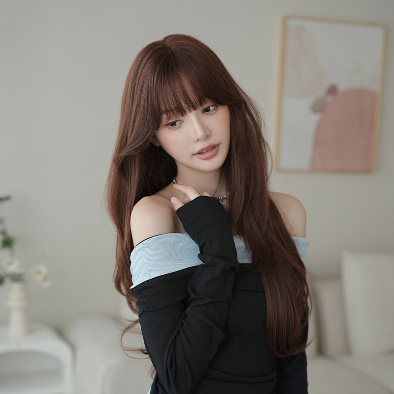 [C-0530] Dusty Rose Brown 70 cm Long Curly Wig with Curtain Bangs