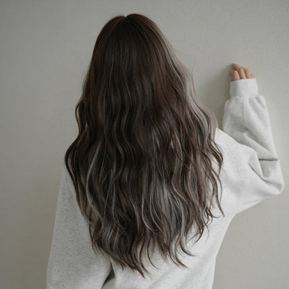 [C-0440] Coffee Brown with Milk Gray Highlights 70 cm Wig