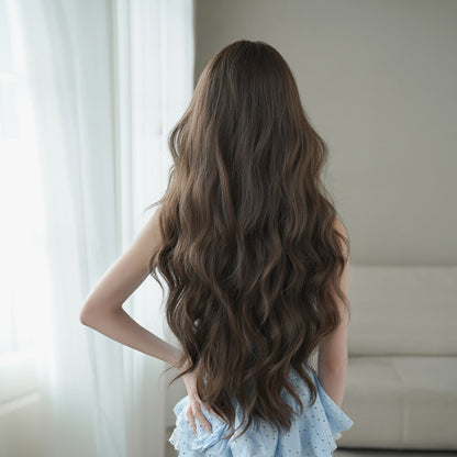 [C-0513] Honey Tea Warm Brown 80 cm Big Wave Wig with Curtain Bangs