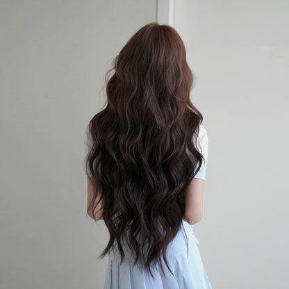 [C-0500-2] Reddish Brown and Black Mix 85 cm Long Curly Wig with Flexible Bangs