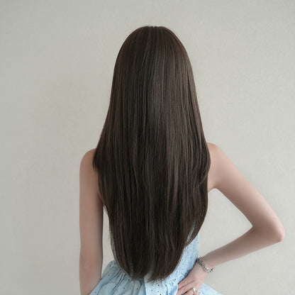 [C-0516] Cool Brown 72 cm Long Straight Wig with Flexible Bangs