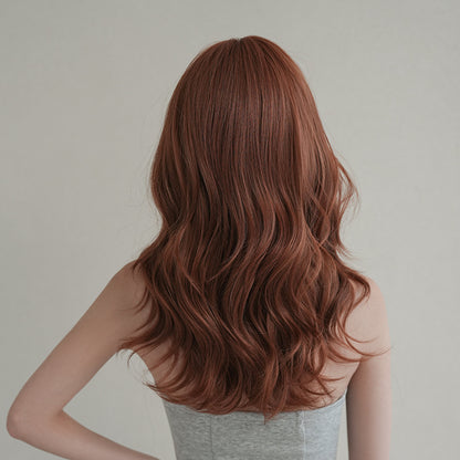 [C-0515] Sunset Orange Brown 53 cm Medium Wig with Side-Swept Bangs
