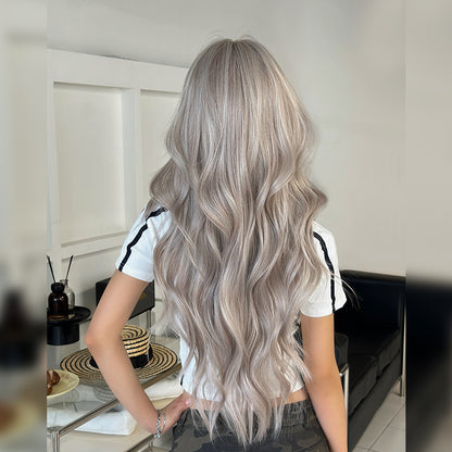 [C-0468] Milky Gray 80 cm Long Curly Wig with Flexible Bangs
