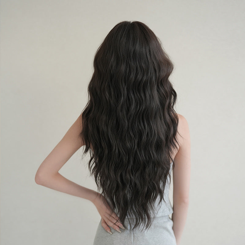 [C-0486-3] Black Brown 76 cm Long Curly Wig with Straight Bangs