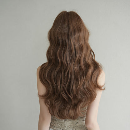 [C-0522] Flax Tea Brown 66 Cm Long curly wig with straight or side-swept bangs