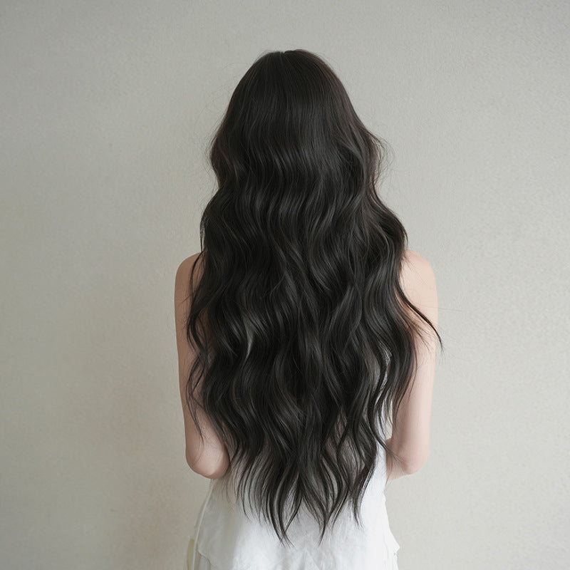 [C-0520] Black Brown 77 Cm Long curly wig with straight or side-swept bangs