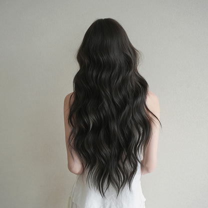 [C-0520] Black Brown 77 Cm Long curly wig with straight or side-swept bangs
