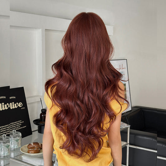 [C-0502] Caramel Red Brown 77 cm Long Curly Wig with Side-Swept Bangs