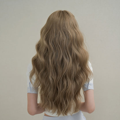 [C-0476] Milk Tea Brown 74 cm Long Curly Wig with Flexible Bangs