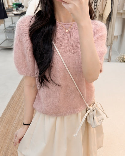 Pink Knit Top & Cream Bubble Mini Skirt Set