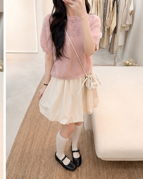 Pink Knit Top & Cream Bubble Mini Skirt Set