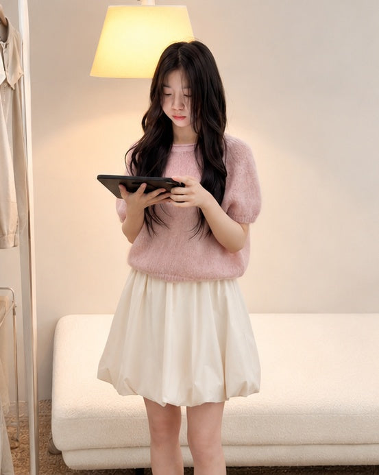 Pink Knit Top & Cream Bubble Mini Skirt Set